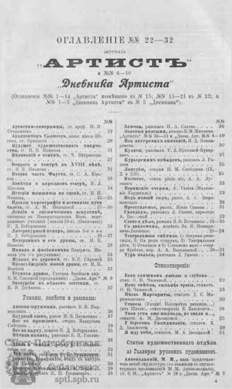 Оглавление журнала Артист №№22—32 и Дневника Артиста №№6—10