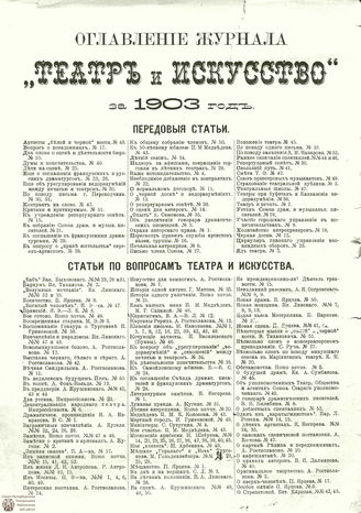 ТЕАТР И ИСКУССТВО. 1903. ОГЛАВЛЕНИЕ