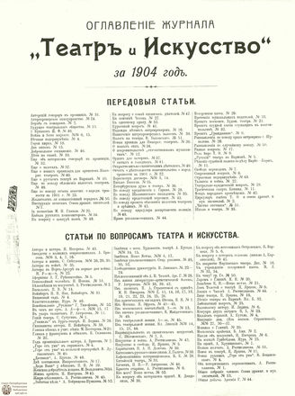 ТЕАТР И ИСКУССТВО. 1904. ОГЛАВЛЕНИЕ