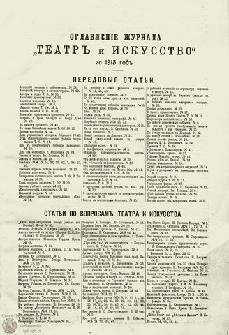 ТЕАТР И ИСКУССТВО. 1913. ОГЛАВЛЕНИЕ