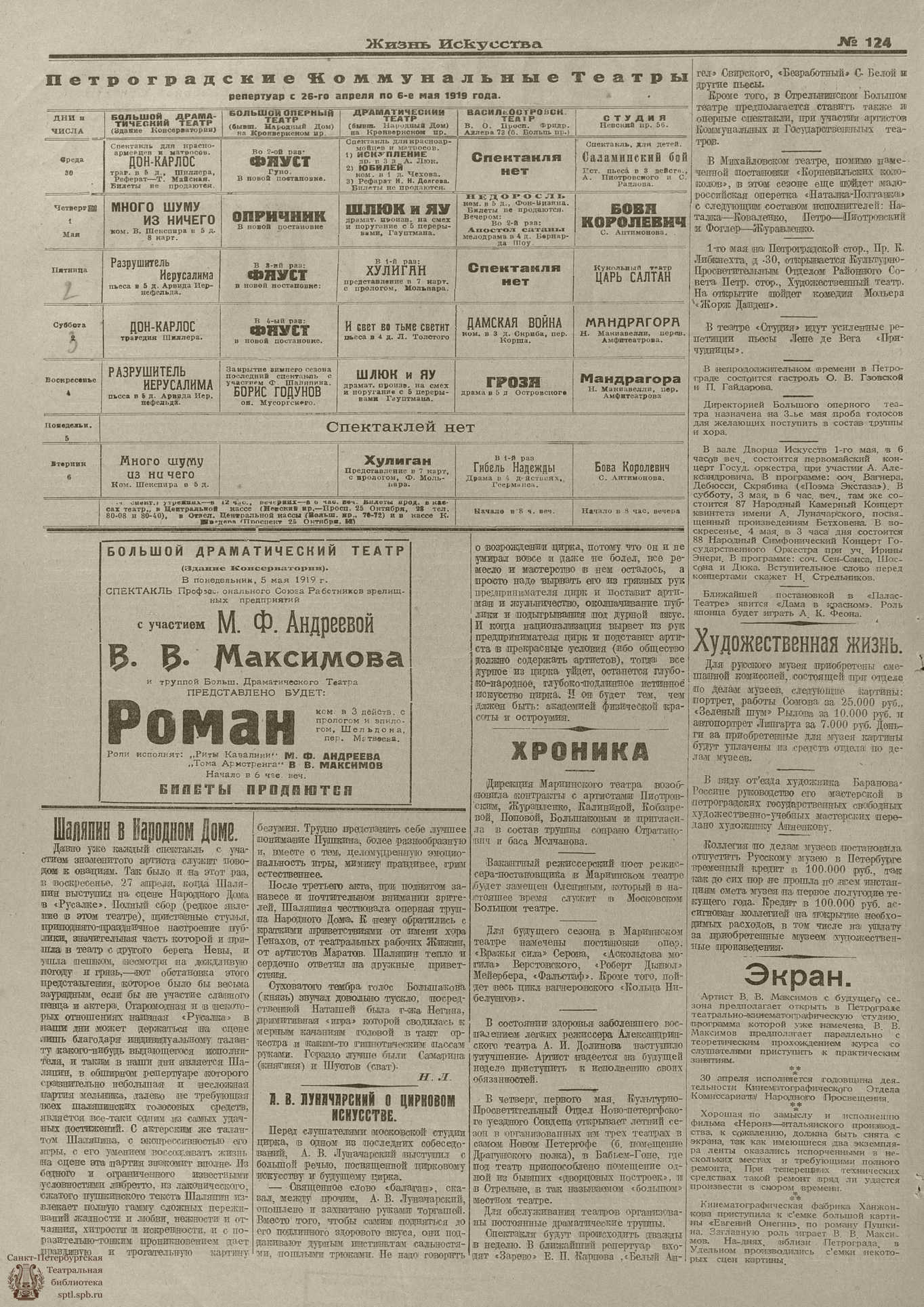 Театральная Электронная библиотека | Жизнь искусства. 1919. № 124